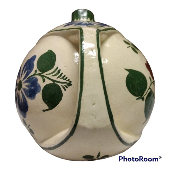 Hand Painted Oil Pitcher Floral Blue Green Made in Mexico Round-ish Shape - Picture 3 of 8